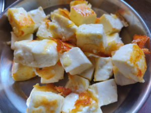 Fried Paneer Cubes set aside for later